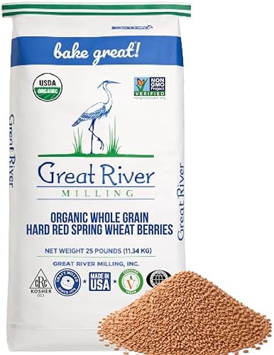 Great River Milling Organic Whole Grain Hard Red Spring Wheat Berries | Hard Red Whole Wheat | High Protein & Gluten | Non-GMO & Kosher | Perfect For Wheat Bread, Salad, Pilaf, Bagels & More | 25 Lb