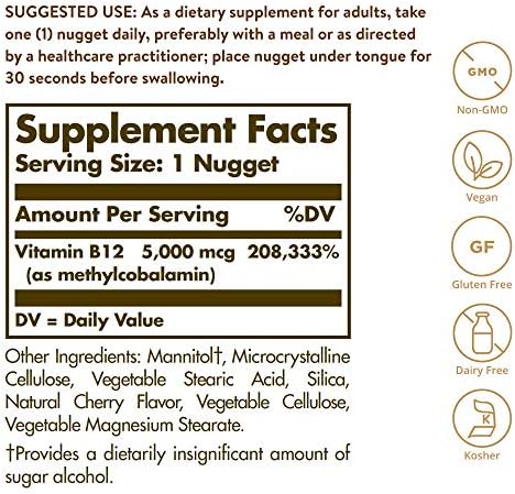 Solgar Methylcobalamin (Vitamin B12) 5000 mcg, 60 Nuggets - Cherry Flavor - Supports Energy Metabolism - Body-Ready, Active Form - Non-GMO, Vegan, Gluten Free - 60 Servings