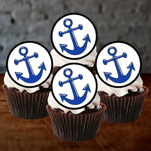 Anchor Edible Cupcake Toppers, Sailor Navy Edible Cake Decorations, Nautical Anchor Decor Cookie and Cake Topper Decorations, 24 x 4cm / 1.5 Inch Wafer Card Discs (UNCUT)