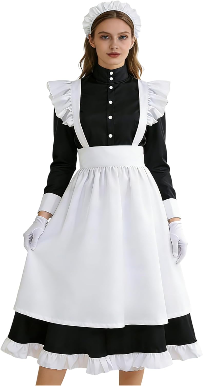 Women's Classic Maid Long Dress Black and White Apron Lolita Housekeeper Cosplay Costume Uniform