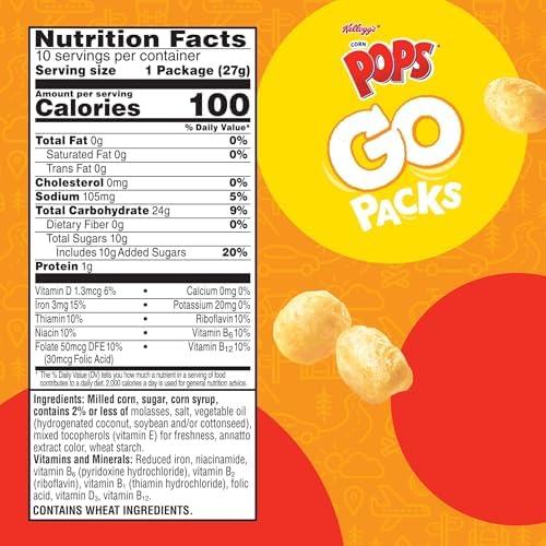 Kellogg's Corn Pops Go Packs Cereal, Kids Snacks, Lunch Snacks, Original, 9.5oz Box (10 Pouches)