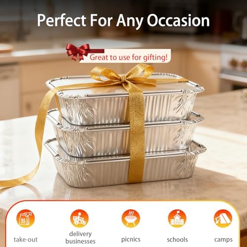 Aluminum Foil Pans with Lids - 2.25 LB Food Containers Disposable Tin Foil Meal Prep Containers with Lids, 50 Pans and 50 Cardboard Covers for Baking, Freezer & Food Storage, 8.5" X 6" (30 Pack)