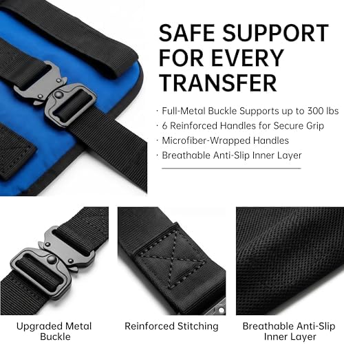 Transfer Sling, Upgraded with Metal Buckle, 6 Reinforced Straps with Hand Grips, Lift & Standing Aid for Caregivers, Elderly & Disabled, Transfer Belt for Home Use (Blue, Large)