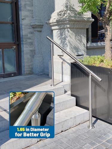 4 Step Stair Railing, Handrail for Indoor Outdoor Steps, 1.65 in Round DIY 304 Stainless Steel Transitional Porch Deck Hand Rail with Installation Kit for Seniors, Silver, 54 x 36 in