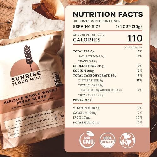 Sunrise Flour Mill Heritage Whole Wheat Bread Blend - 2 lb | USDA Organic All Purpose Flour Unbleached - Non-GMO, Kosher, Grown Without Glyphosate, Ancient Grains, Bread Flour Organic.