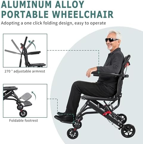 Ultra Light Wheelchairs (6.3kg), Lightweight Foldable Wheelchair for Adults - Portable Transport Chair, Compact Travel Mobility Aid, Ultra Light Weight Folding Design, 220lbs Capacity (black2)