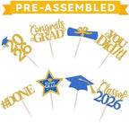 Graduation Cupcake Toppers 2026,48Pcs Blue Gold Graduation Cake Toppers,Congrats Grad Cake Decorations Class of 2026 Cupcake Toppers,Blue Grad Cupcake Toppers for Graduation Party Decorations