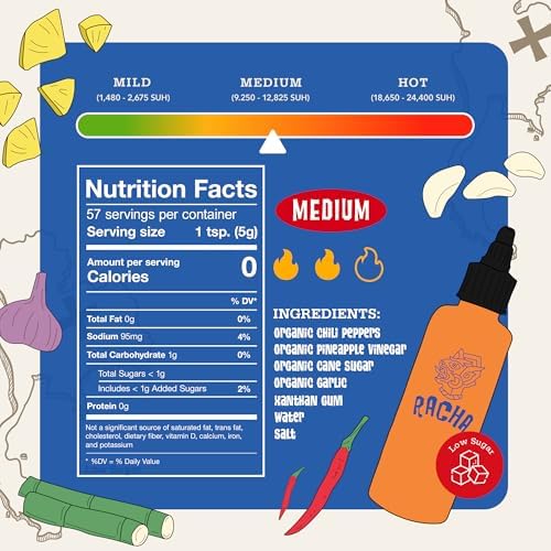 Racha Organics Medium Heat Sriracha Hot Sauce - USDA Organic Sriracha Sauce Made with Estate-Grown Thai Chili Peppers - Low-Sugar, Non-GMO, Gluten Free, Keto Friendly - 10oz - Made in Thailand