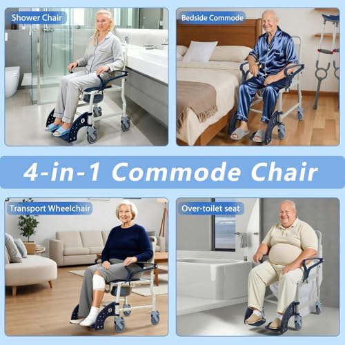 4-in-1 Rolling Shower Chair with Wheels for Elderly & Disabled Adults, Padded Toilet Chair, Bedside Commode, Transport Wheelchair with Locking Caster for Bathroom, Home Care (Navy Blue)