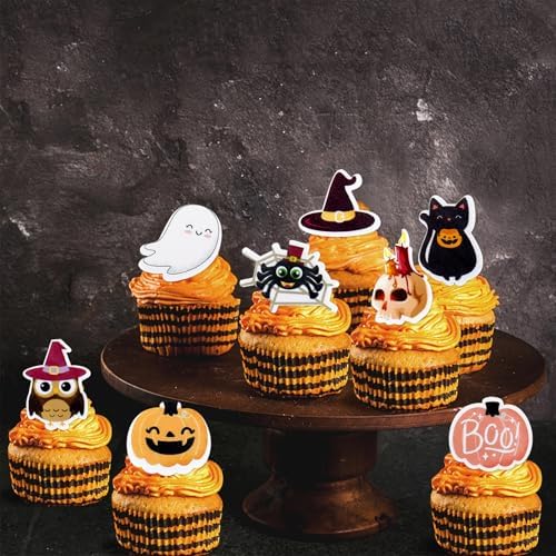 40 Pack Edible Halloween Cupcake Toppers Wafer Paper Halloween Birthday Cake Pick for Horror Theme Baby Shower Party Cake Decorations Supplies