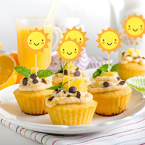 24Pcs Sun Cupcake Toppers Sun Flower Smiley Sunshine Sun Cake Decoration Food Fruit Picks for Baby Shower Birthday Wedding Party Decor