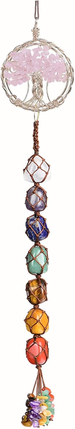 Handmade Gemstones Healing Feng Shui Crystals Window Car Decorations Hanging Ornament for Home Decor Party Decor（Tree-Rose Quartz）