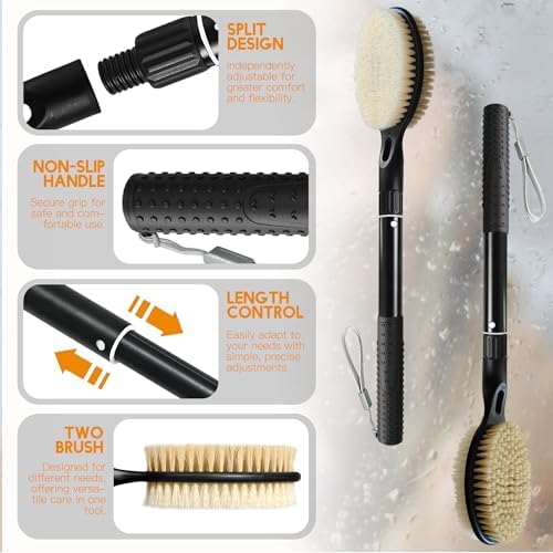 Gobiteli Back Scrubber with Soft and Stiff Bristles, 17''-25'' Long Handle Dual-Sided Shower Brush for Body for Deep Cleaning