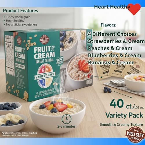 Wellsley Farms Fruit And Cream Instant Oatmeal 40 Pack Variety. (8x Banana, 12x Peach, 8x Blueberry, 12x Strawberry) Heart Healthy. No High Fructose Corn Syrup or Artificial Sweeteners.