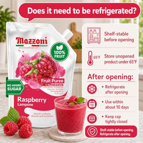 Mazzoni - Raspberry Puree, 100% Pure Raspberries, Just Fruit, No Sugar Added, Real Fruit for Smoothies, Drinks, Cocktails, Fruit Juice - 2.2 lb Convenient Pouch, Made in Italy