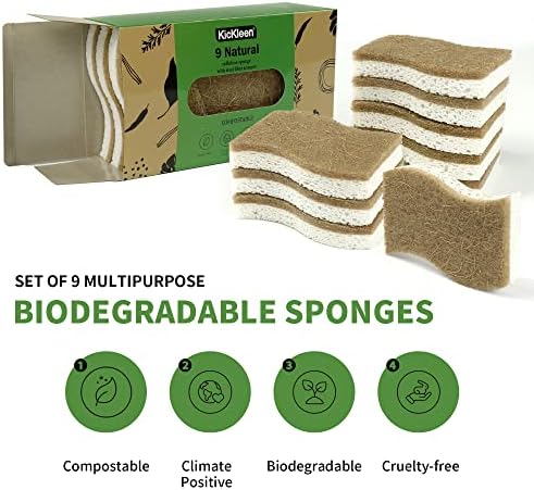 9 Pack Biodegradable Natural Kitchen Sponge - Compostable Cellulose and Coconut Walnut Scrubber Sponge - Eco Friendly Sustainable Sponges for Dishes