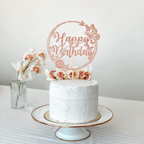 Rose Gold Glitter Butterfly Cake Toppers - Happy Birthday & Special Occasion Decorations