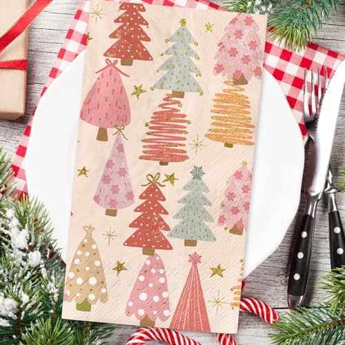 100 Pack Boho Christmas Guest Napkins Pink Xmas Tree Disposable Paper Napkins Forest Dinner Hand Napkin for Home Kitchen Bathroom, 13 x 15.7 Inch