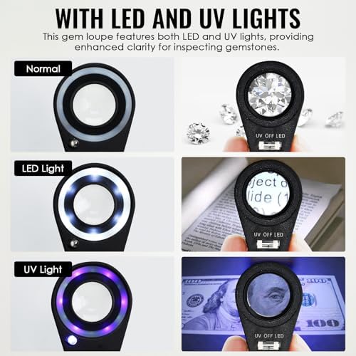 10x Foldable Pocket Magnifier Loupe with UV and LED Light for Jewelry, Rocks, Coins, and Antiques - Illuminated Magnifying Tool for Eye, Stamps, Watches, Hobbies, and Gems