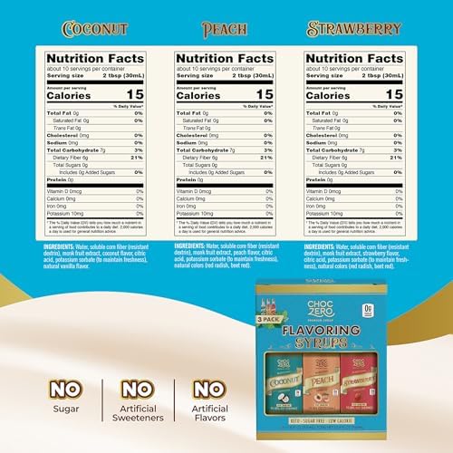 ChocZero Sugar Free Coffee Syrup Summer Variety Pack (3 × 10.8 fl oz), Monk Fruit Sweetened, Keto Friendly, No Sugar Alcohols – Coconut, Peach & Strawberry