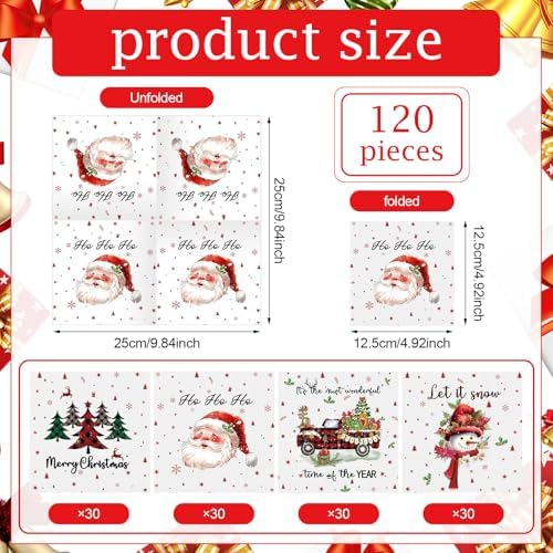 Fulmoon 120 Pcs Christmas Cocktail Paper Napkins Disposable 2 Ply Santa Beverage Napkins Decoupage Xmas Tree Towel for Christmas Party Dinner Table Supplies (Classic Style)