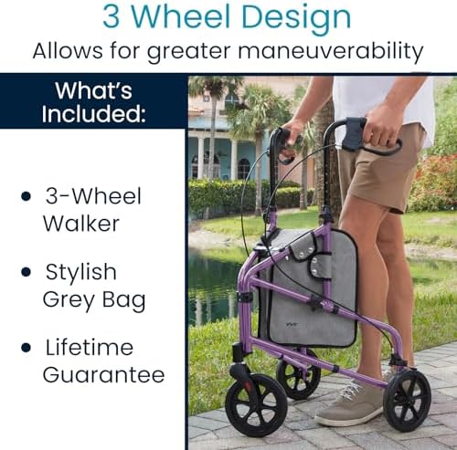 Vive Mobility 3 Wheel Walker - Three Wheeled Rollator for Seniors - Lightweight, Foldable, Narrow, Heavy Duty - for Elderly Men Women - Folding 3-Wheel Tri Scooter with Basket Bag