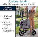 Vive Mobility 3 Wheel Walker - Three Wheeled Rollator for Seniors - Lightweight, Foldable, Narrow, Heavy Duty - for Elderly Men Women - Folding 3-Wheel Tri Scooter with Basket Bag