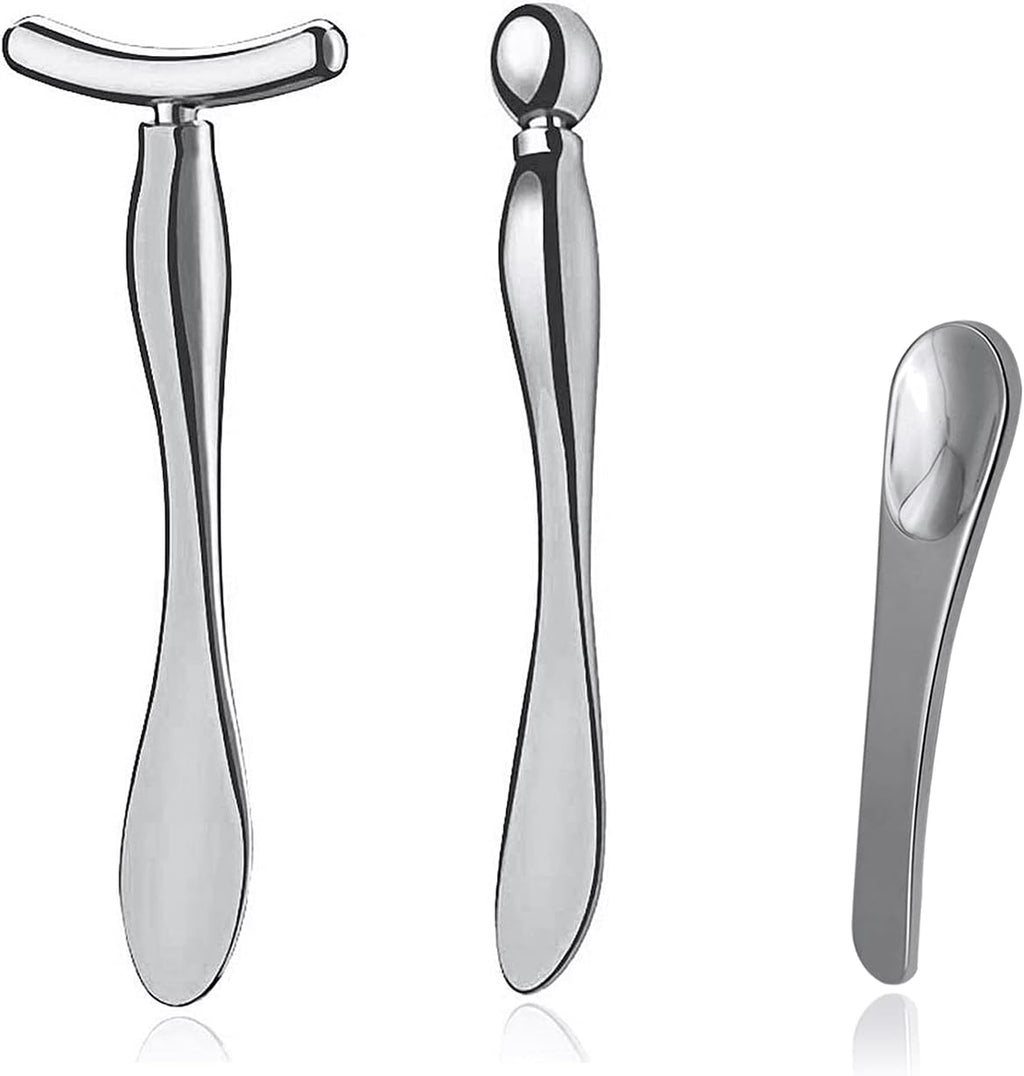 Pimoys 3 Pcs Metal Eye Cream Applicator Tool, Eye Roller Massage Sticks and Makeup Cream Spoon, Facial Massager for Reducing Puffiness Wrinkle Dark Circles