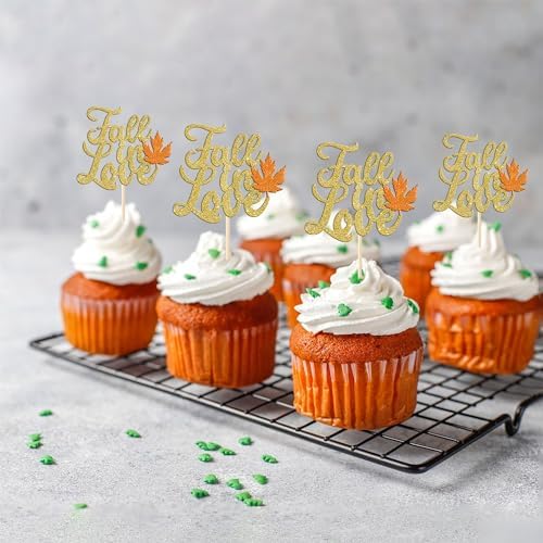 Rsstarxi 24 Pack Fall in Love Cupcake Toppers Fall leaves Thanksgiving Day Cupcake Food Toothpicks Bridal Shower Cupcake Decorations for Wedding Engagement Birthday Party Cake Decorations