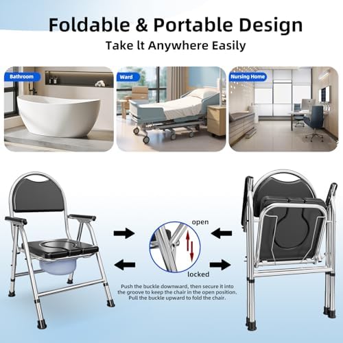 4 in 1 Folding Bedside Commode Chair for Elderly with Arms and Back,Adjustable Height Raised Toilet Seat with Handles,Adults Potty Chair for Seniors,Disabled Holds Up to 350 lbs
