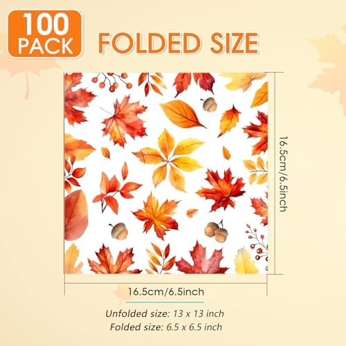 100Pcs Thanksgiving Napkins Disposable Maple Leaf Paper Napkins 6.5 x 6.5 Inch Lunch Dinner Napkins for Autumn Seasonal Events Harvest Family Picnic Thanksgiving Party Decorations