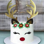 Saturey 2 Set Christmas Cake Topper Decorations Reindeer Antler with Eyelashes Nose Ear for Easter Xmas Party Decor Supplies