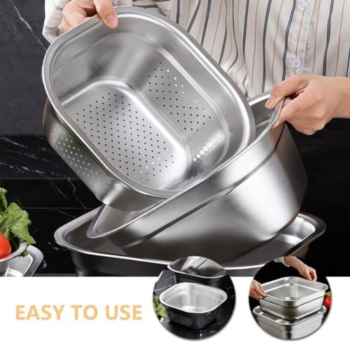 Zerodeko Fine Mesh Colander with Basin 9.05 Inch Square Stainless Steel Vegetable Fruit Drain Basket and Mixing Basin for Kitchen Washing and Food Straining