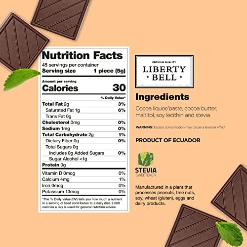 Zero Sugar Dark Chocolate Squares 66% Cocoa, Vegan, Gluten-Free, Stevia Sweetened Candy Bars, 45 Count