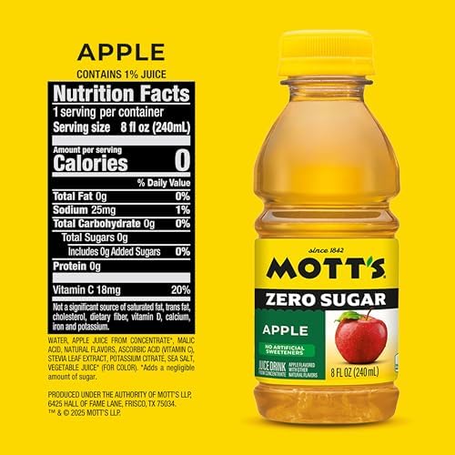 Mott's Zero Sugar Apple Juice Drink, 8 fl oz bottles, 24 Count (4 Packs of 6), Apple Flavor, Excellent Source of Vitamin C
