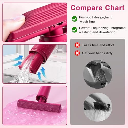 Portable Self-Squeeze Mini Mop, Short Rotatable Hand Wash-Free Flat Squeeze with Crevice Brush and Reusable (Mop+2 Pads), Red
