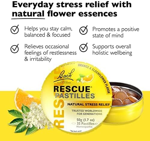 RESCUE Bach PASTILLES, Orange and Elderflower Flavor, Natural Stress Relief Lozenges, Homeopathic Flower Essence, Vegetarian, Gluten & Sugar-Free, 6 Count