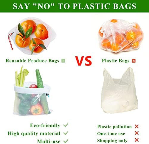 Set of 12 Reusable Mesh Produce Bags - Medium (12"x14") - Green - Polyester - Washable - Drawstring Closure