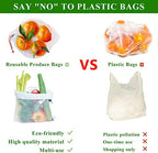 Set of 12 Reusable Mesh Produce Bags - Medium (12"x14") - Green - Polyester - Washable - Drawstring Closure