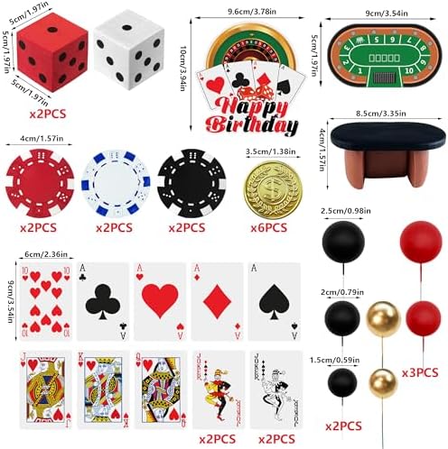 40PCS Poker Cake Toppers Casino Theme Cake Decorations Dice Poker Perfect for Man Casino Theme Party Black and Red Toppers