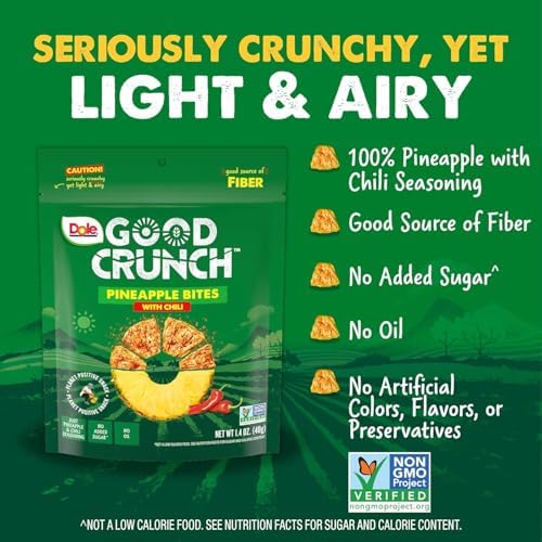 Dole Good Crunch Pineapple with Chili Dried Fruit Bites, Gluten Free & Vegan Snack, 1.4oz Bags (Pack of 6)