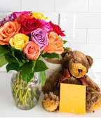 From You Flowers - One Dozen Rainbow Roses with Chocolates & Bear with Glass Vase | Fresh Flower Bouquets for Birthday, Anniversary, Get Well or Celebration