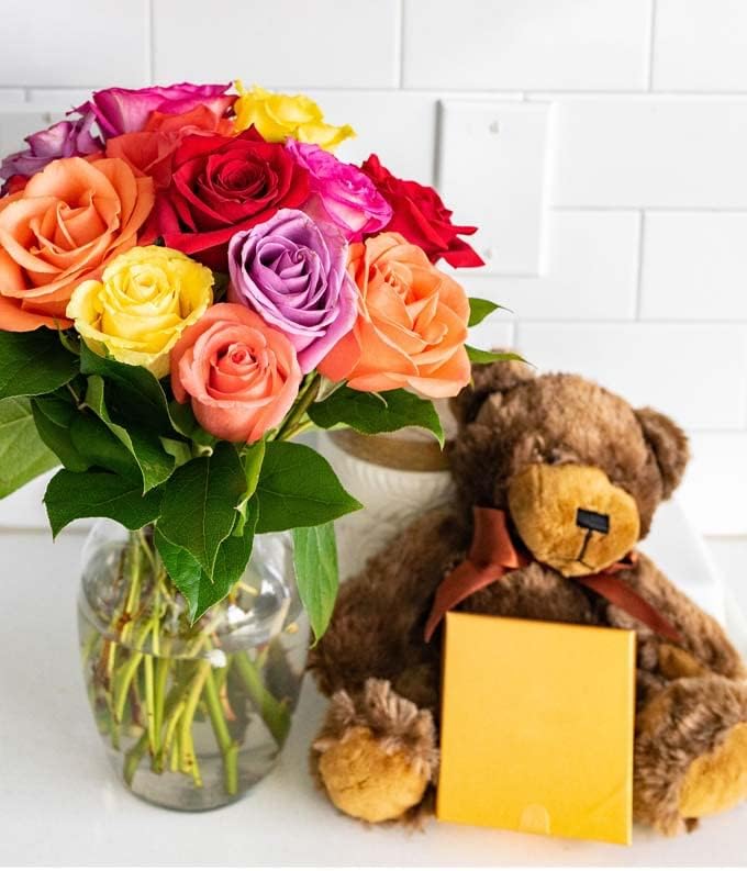From You Flowers - One Dozen Rainbow Roses with Chocolates & Bear with Glass Vase | Fresh Flower Bouquets for Birthday, Anniversary, Get Well or Celebration