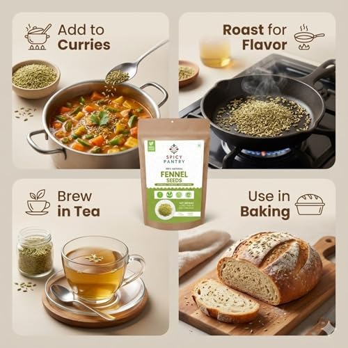 Spicy Pantry Fennel Seeds Whole - Foeniculum vulgare - 100% Natural - Resealable Bag - Great for Tea, Cooking, and Baking - 4 oz