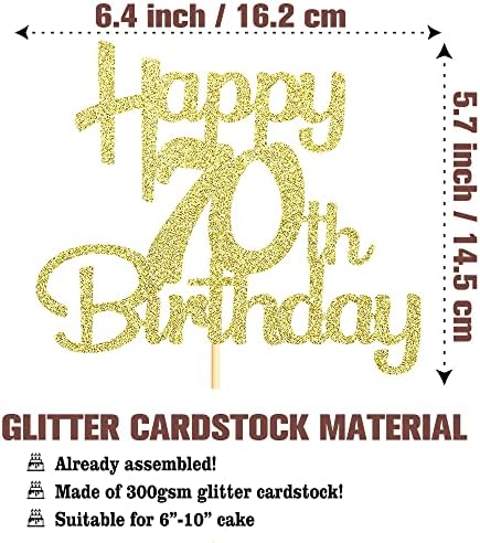 Sotpot Happy 70th Birthday Cake Topper Gold Glitter 70th Cake Toppers 70 Birthday Cake Decorations for Cheers to 70 Fabulous Birthday Party Supplies - 1 Pack