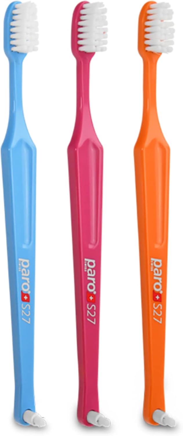 Paro S27 Toothbrush | Soft Bristles with 3 Rows, 27 Tuft and Replaceable Interspace Brush F (3 Pack Multi -Color)