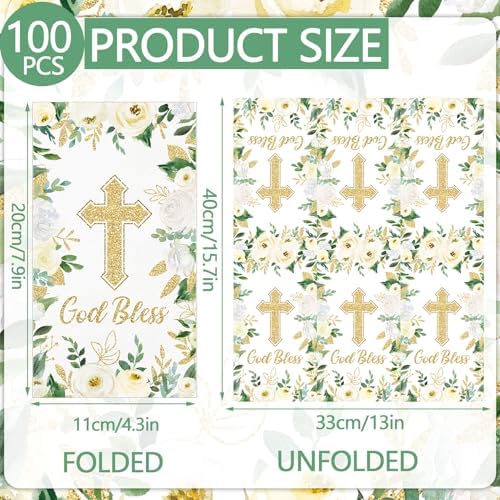 100PCS White Floral Religious Paper Napkins 3 Ply Blessed Cross Disposable Hand Towels for Bathroom Decorative Eucalyptus Guest Napkins for Wedding First Communion Religious Party Supplies