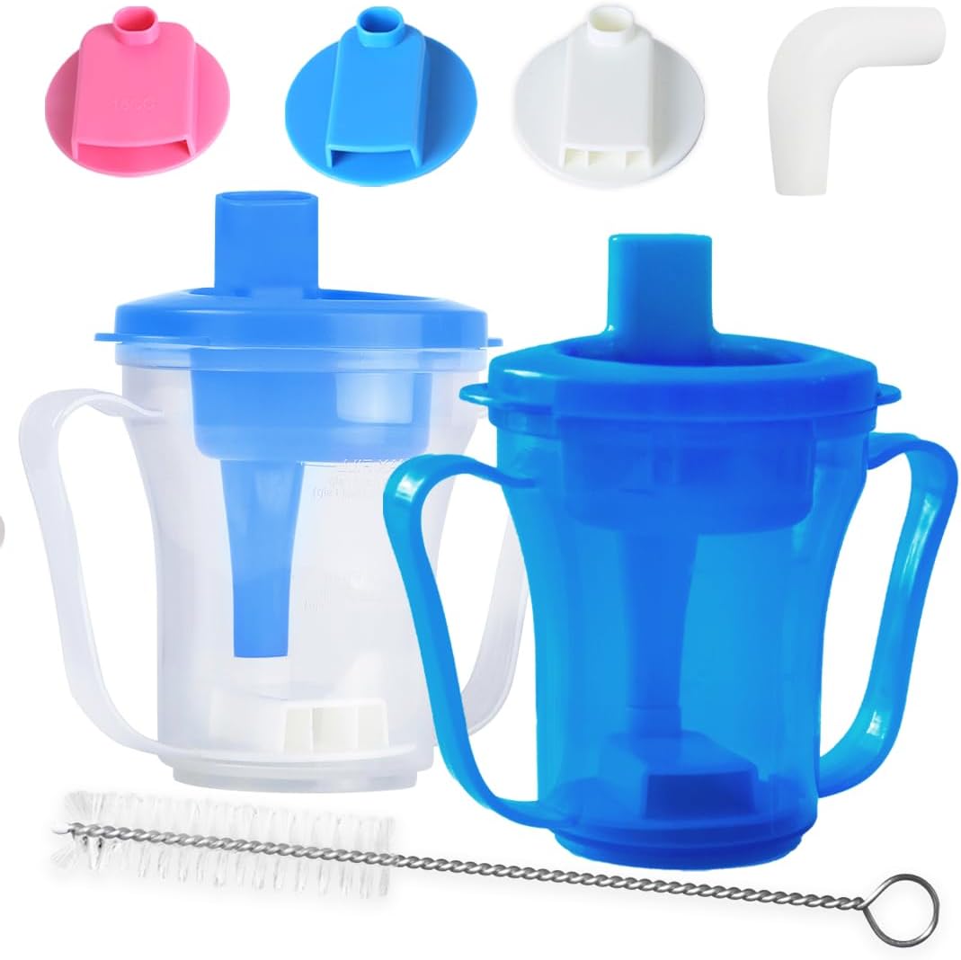 Dysphagia Cup for Adults with 5cc, 10cc & 15cc Flow Control - Choke Proof Drinking Cup with Dual Handles for Elderly, Stroke, Dementia & Parkinson (Blue(Blue & Transparent), Pack of 2 PCS)