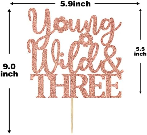 Rose Gold Glitter Young Wild and Three Cake Topper, Forest Woodland Campfire Themed Party Cake Decor, Camper 3rd Birthday Party Decorations Supplies