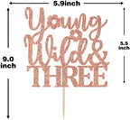 Rose Gold Glitter Young Wild and Three Cake Topper, Forest Woodland Campfire Themed Party Cake Decor, Camper 3rd Birthday Party Decorations Supplies